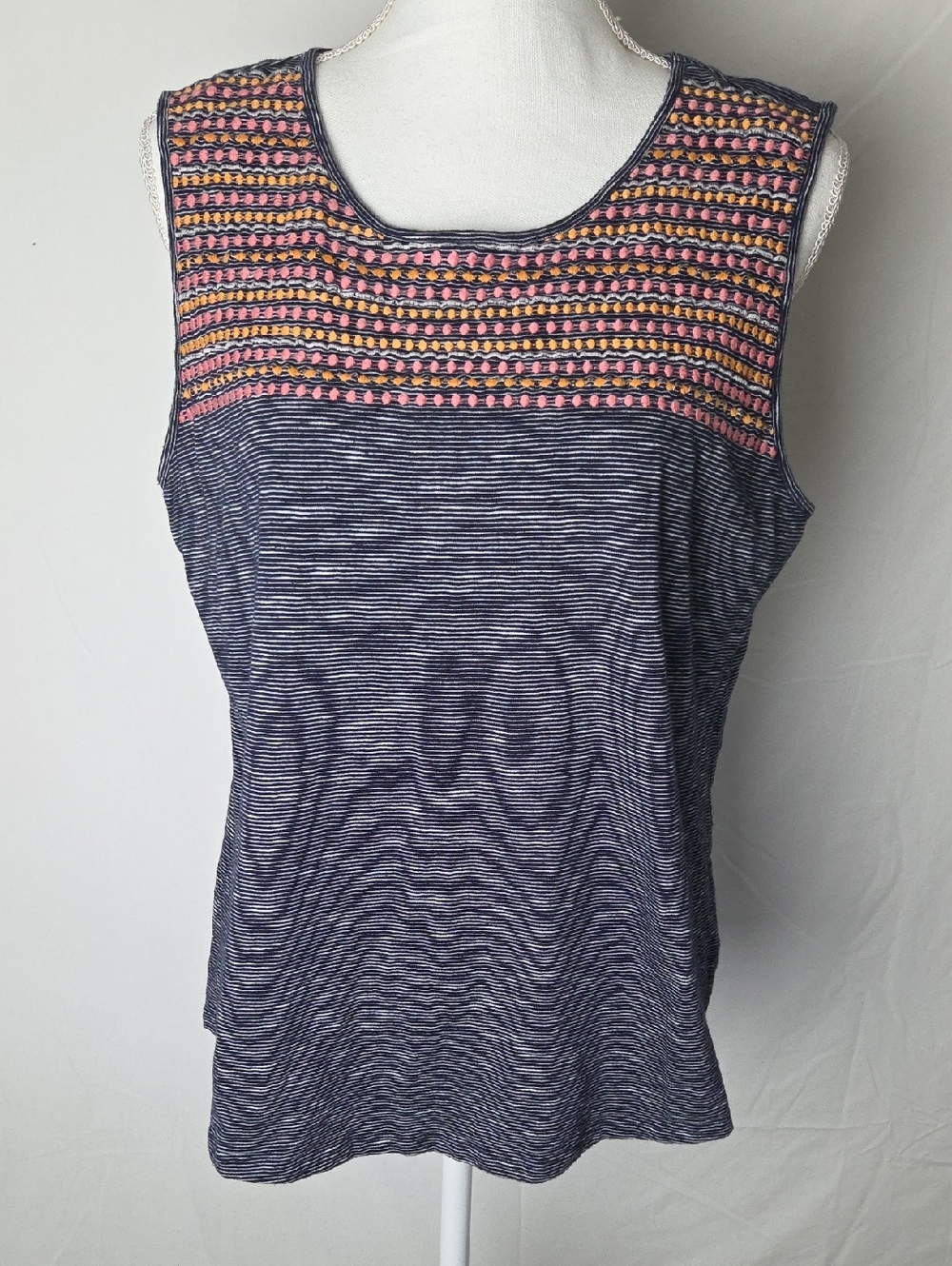 Talbots Sleeveless Navy Stripe Tank with Pink & Orange Embroidered Yoke Large